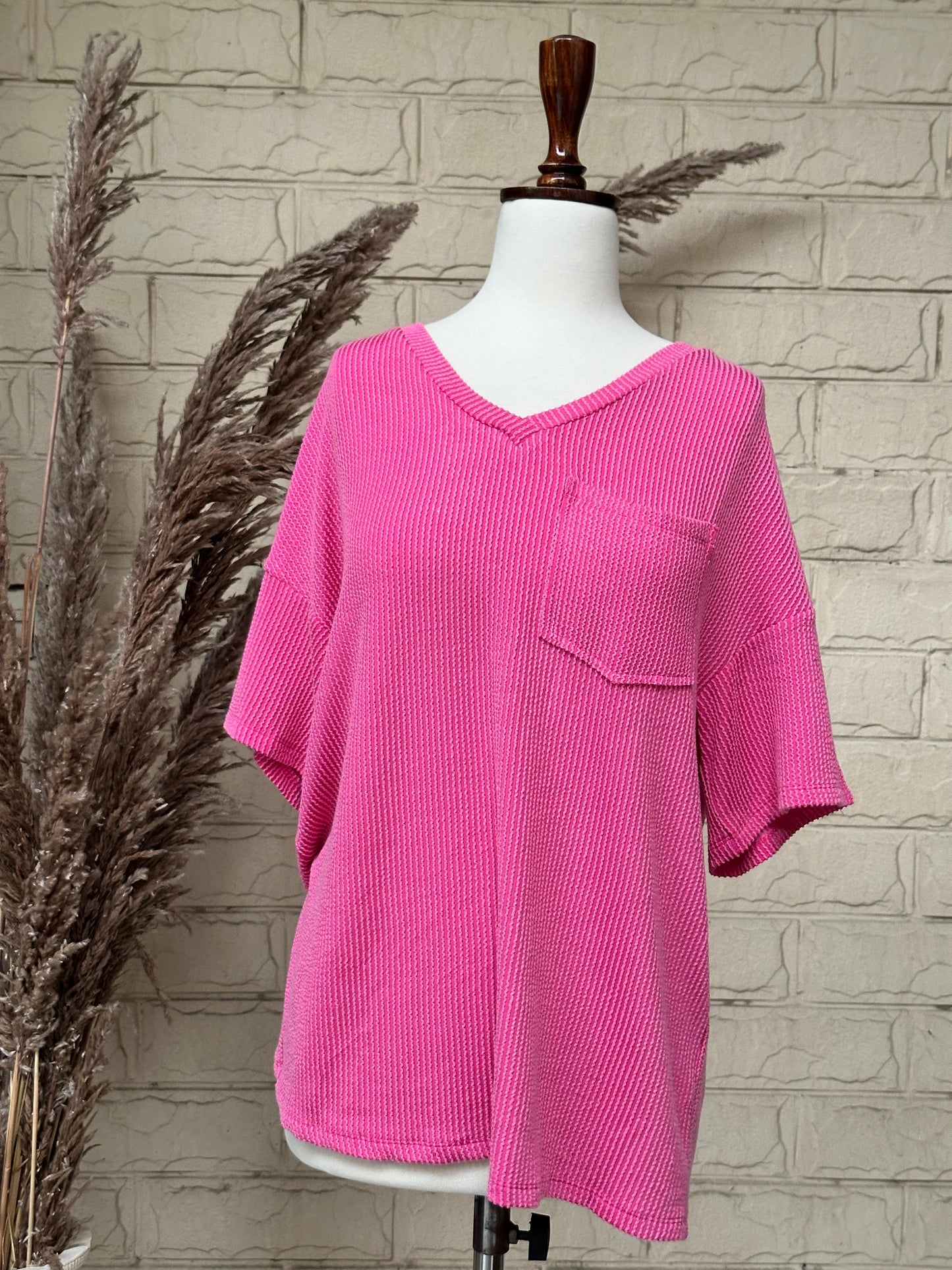 Oversized Pink Ribbed V-Neck Tee with Pocket