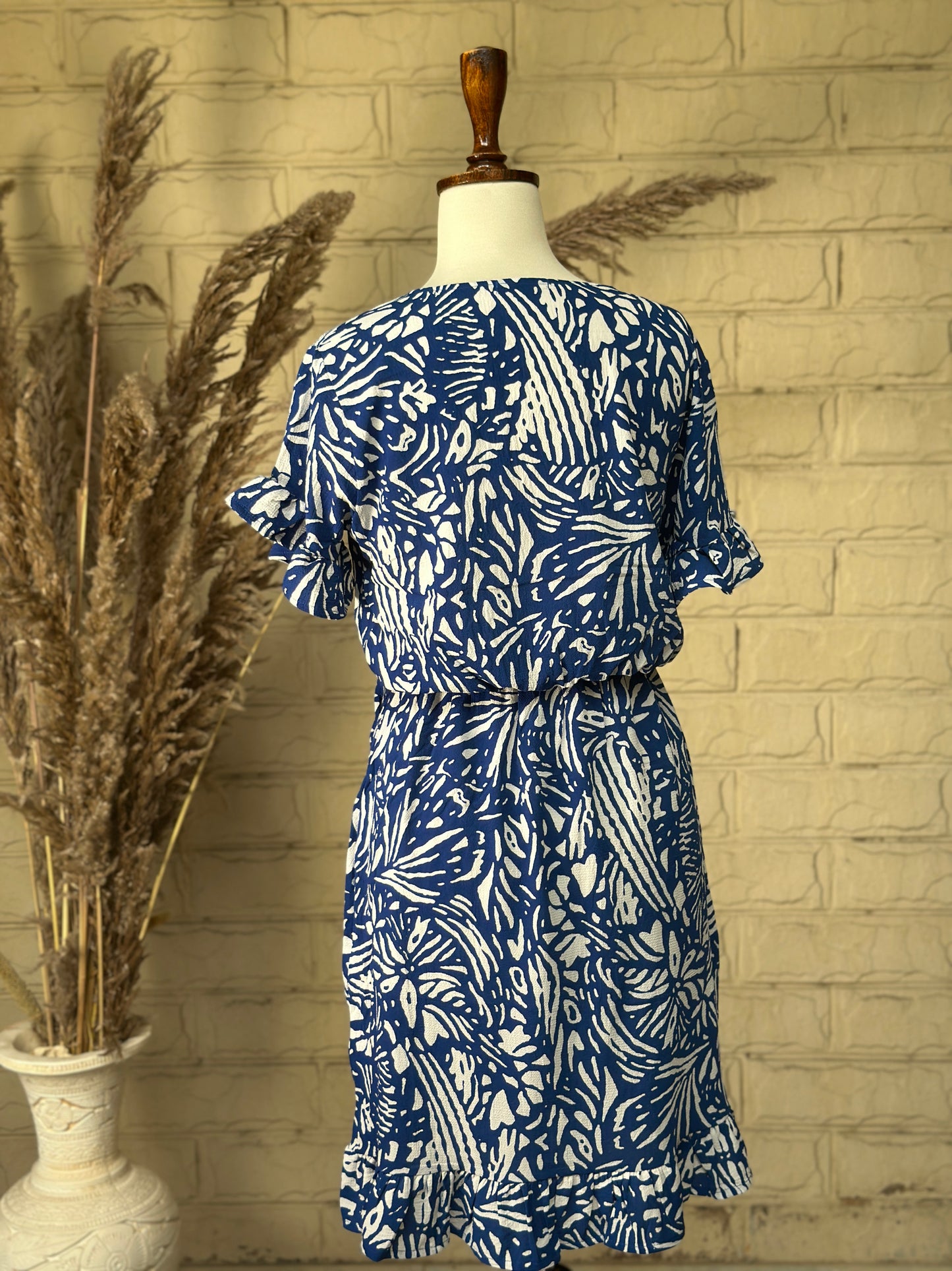 Cobalt Blue Abstract Botanical Wrap Dress