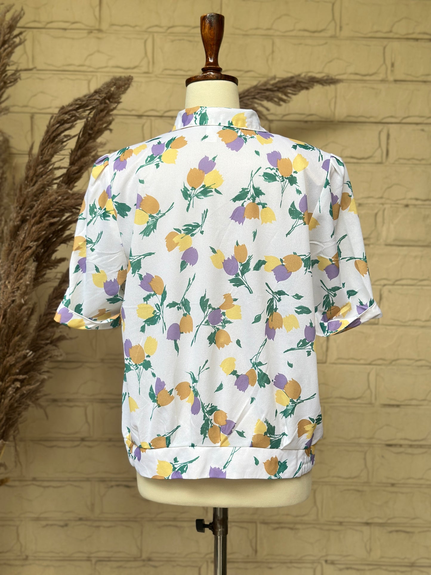 Yellow & Lavender Floral Print Short-Sleeve Cuban Collar Shirt