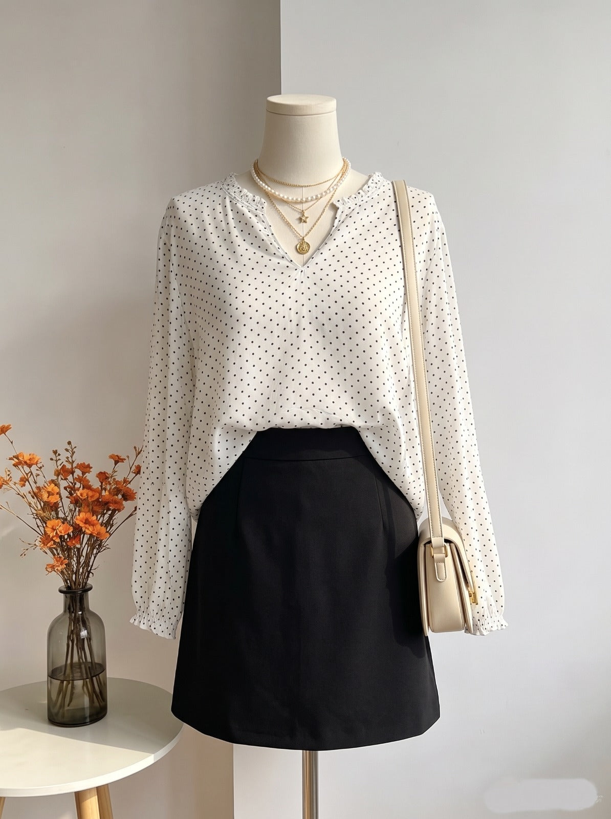 Ivory Fine Swiss Dot Ruffle-Collar Top