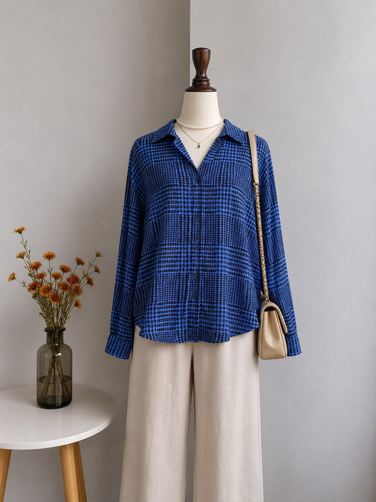 Cobalt Blue Plaid Collared Long-Sleeve Shirt
