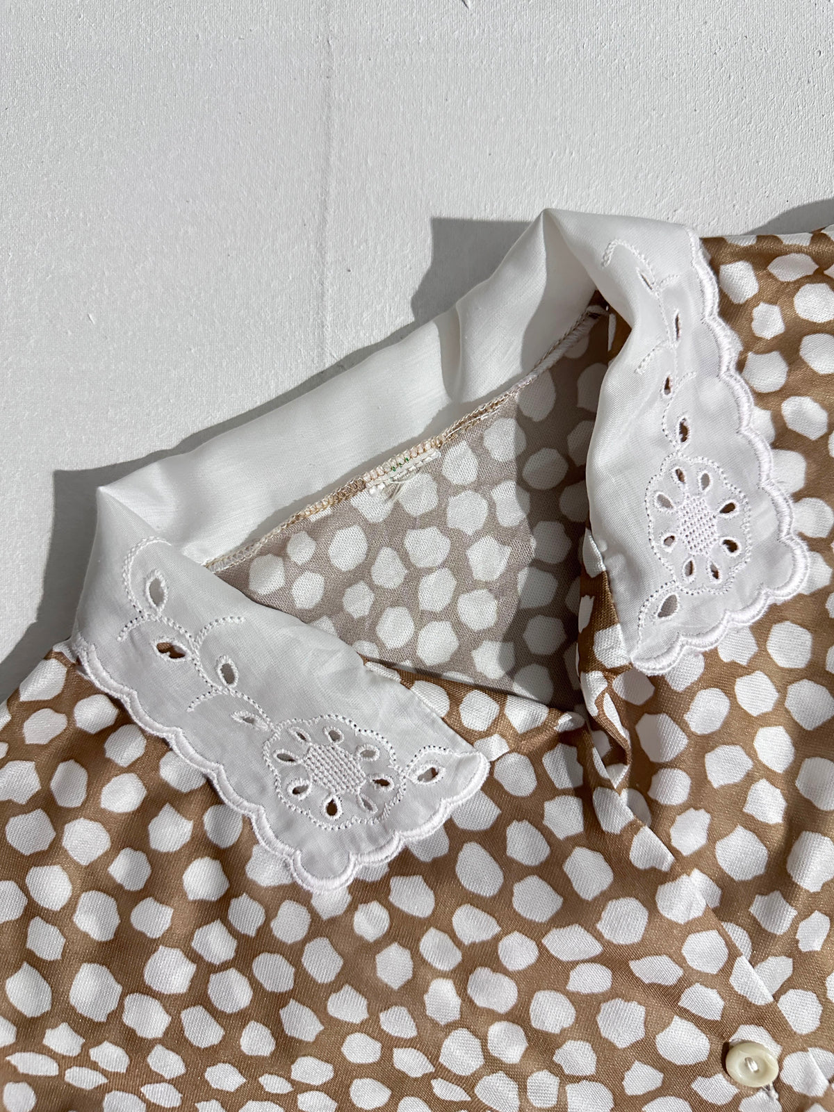 Beige Polka Dot Button-Down Shirt with Broderie Anglaise Trim