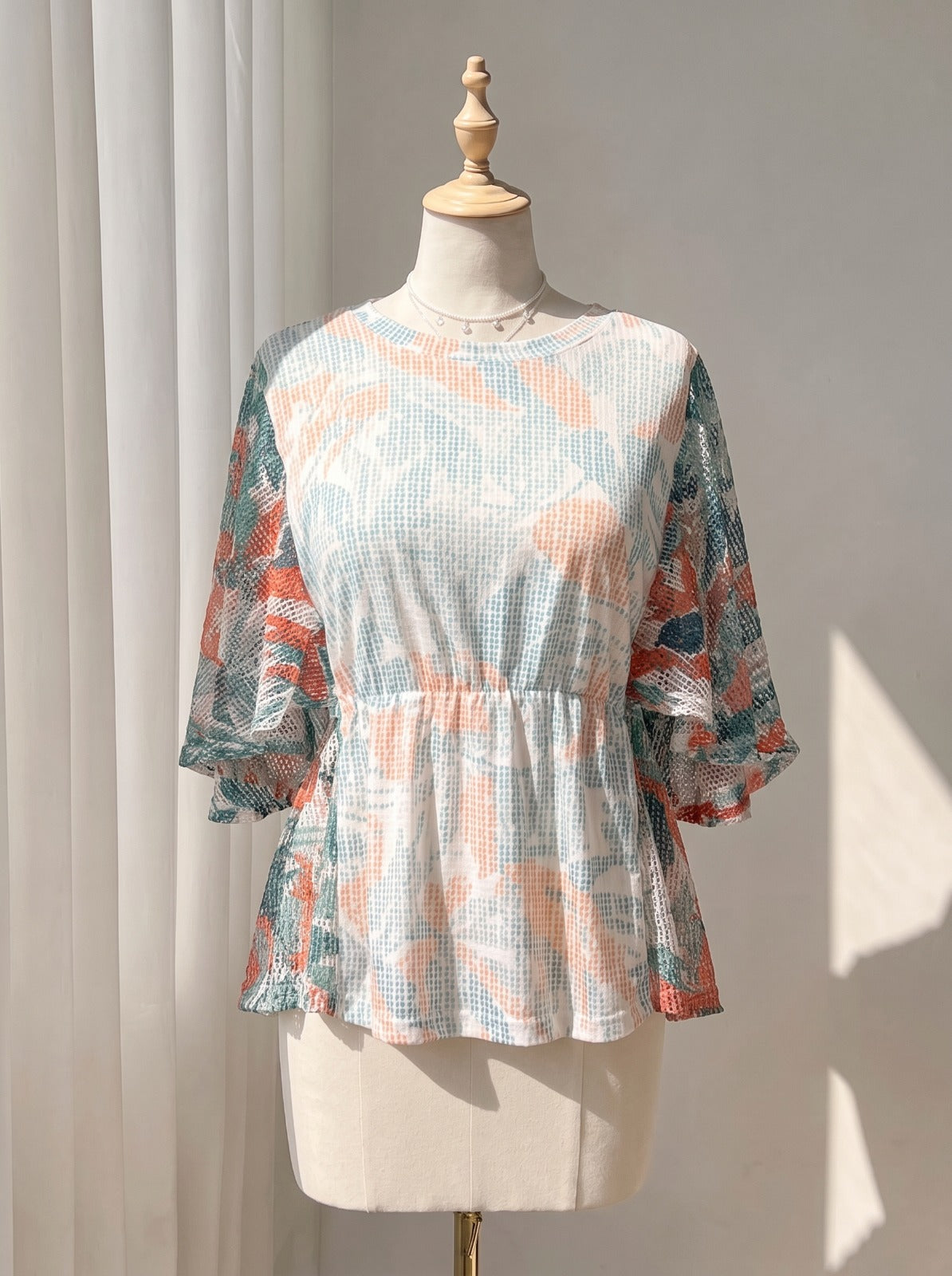 Abstract Printed Mesh Blouse – Cinched Waist Wide 3/4 Sleeve Top
