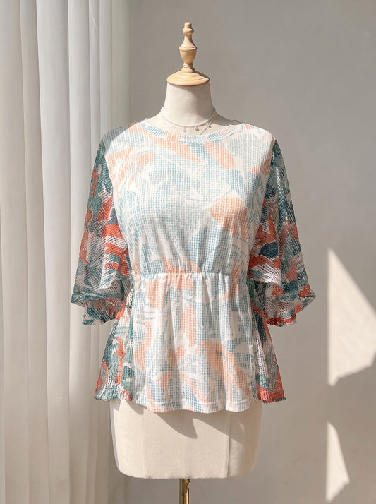 Abstract Printed Mesh Blouse – Cinched Waist Wide 3/4 Sleeve Top