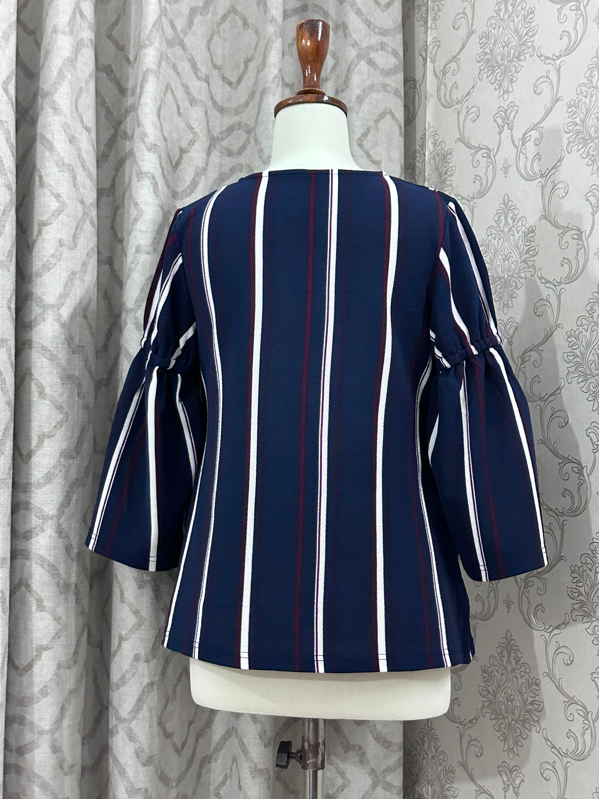 Navy Blue Vertical Striped Blouse – 3/4 Bell Sleeve Crewneck Top