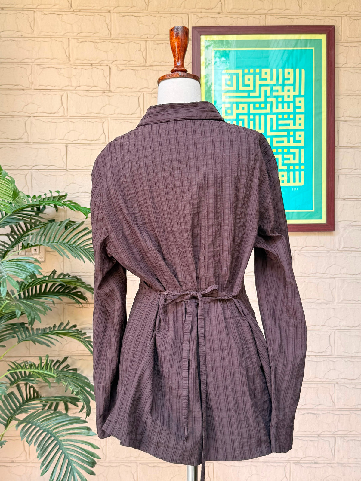 Dark Brown Textured Vertical Striped Long-Sleeve Button-Up Shirt with Flap Pockets