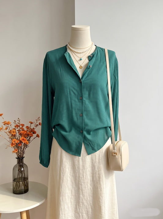 Forest Green Micro-Check Collarless Button-Down Top