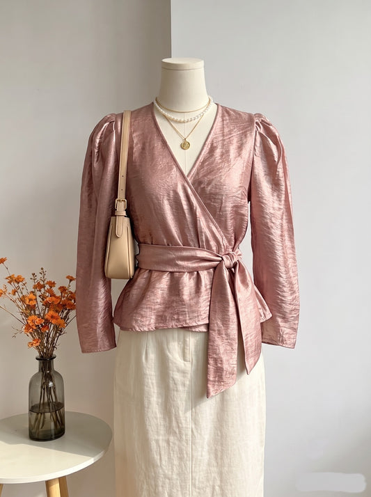 Dusty Rose Shimmer Puff-Sleeve Wrap Top