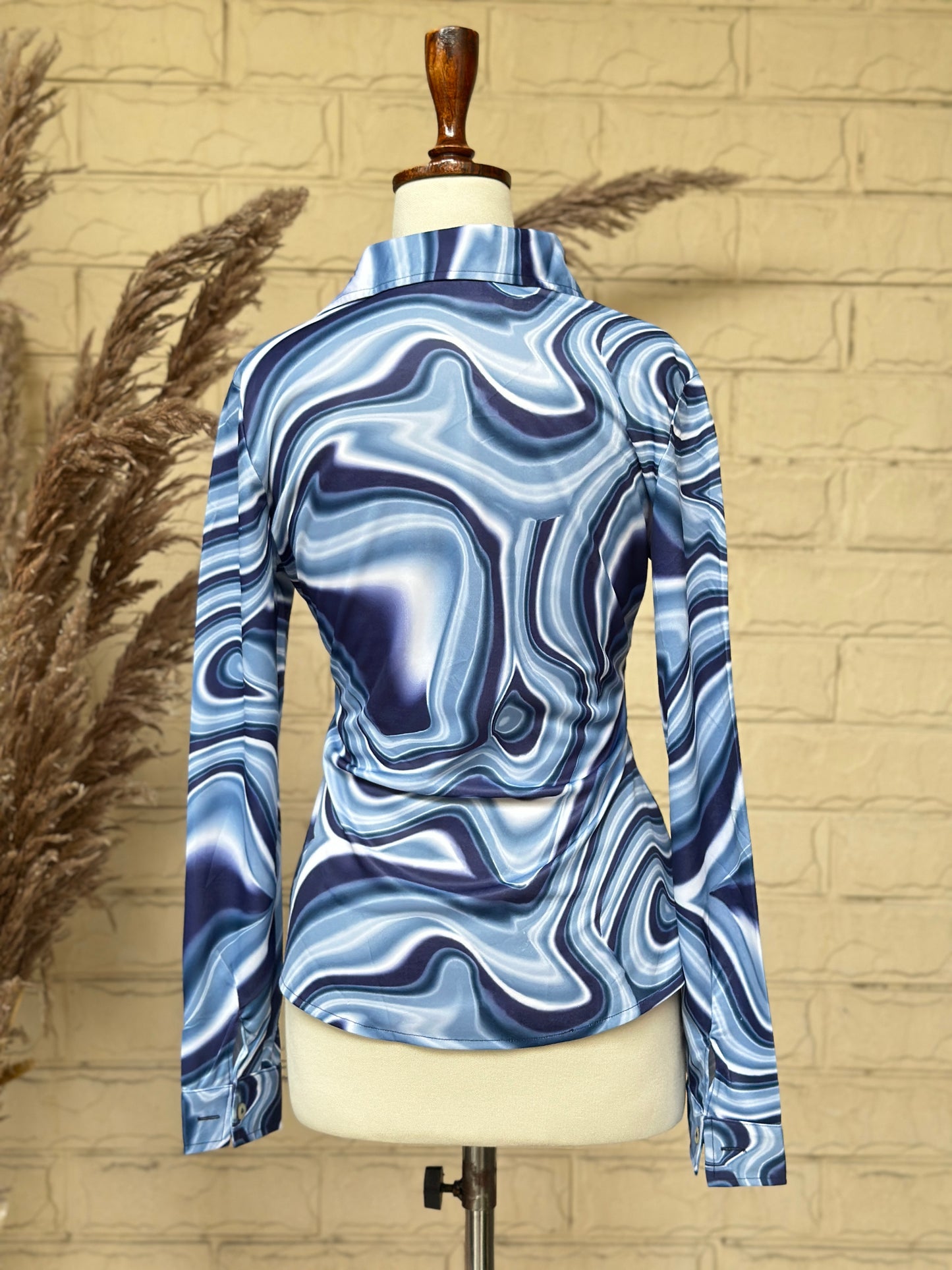 Ocean Wave Marbled Satin Button-Up Shirt