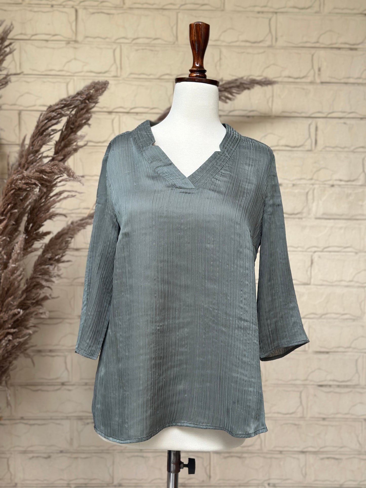 Crinkled V-Neck Tunic Blouse in Sage