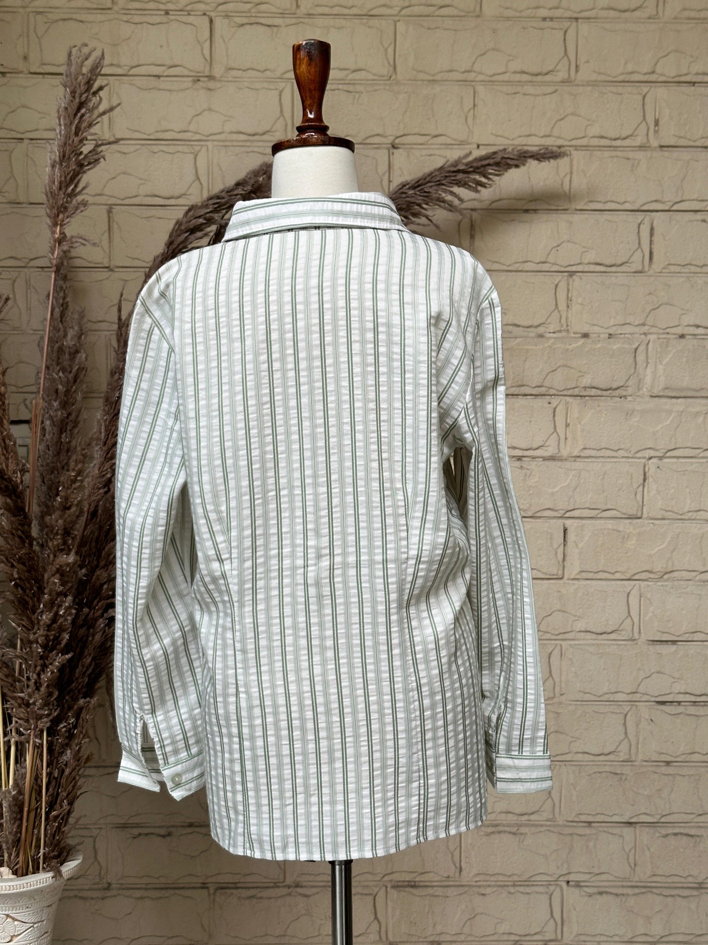 Sage Green Chevron Striped Long-Sleeve Button-Down Shirt