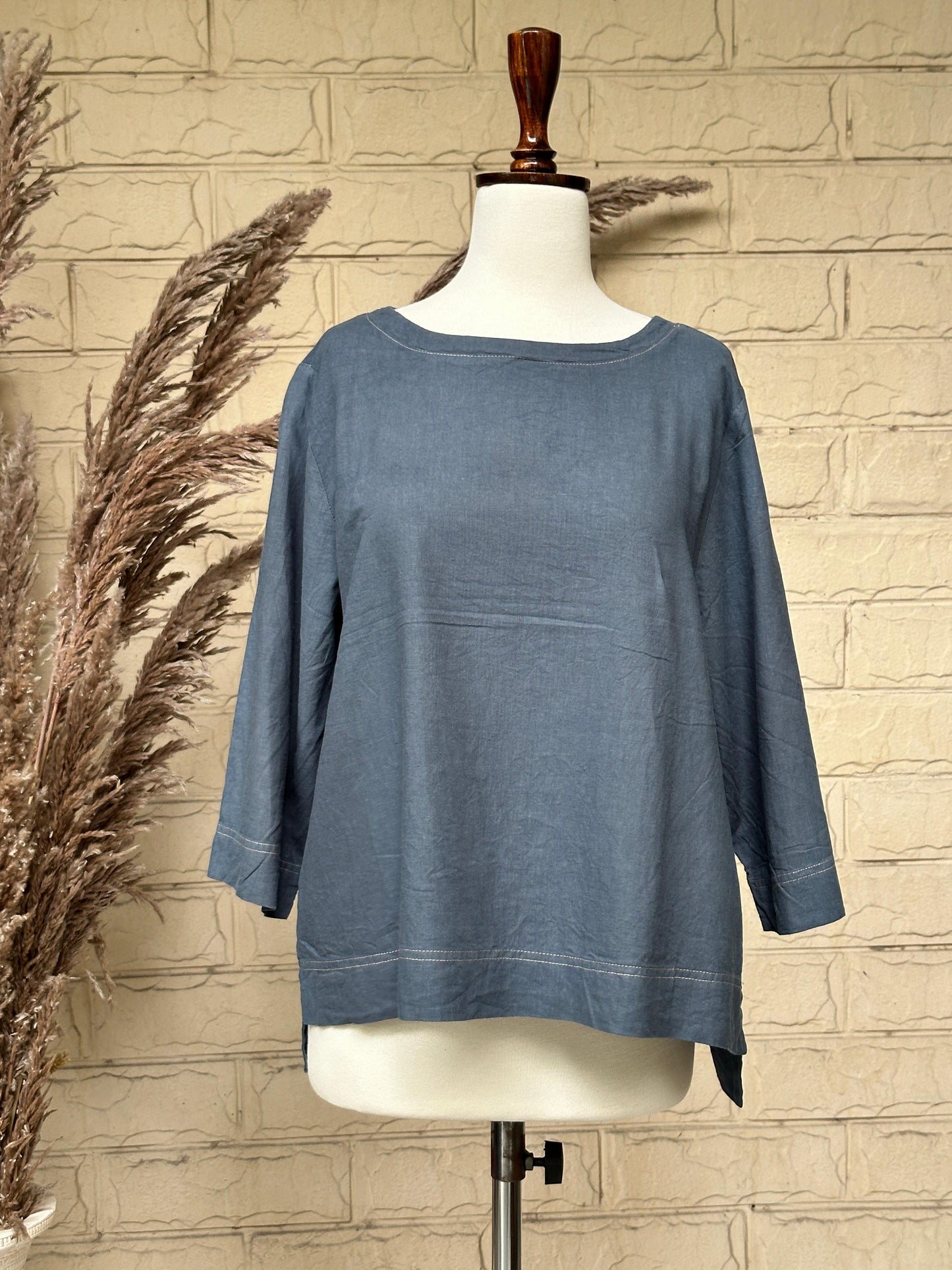 Slate Blue Linen-Blend Boatneck Top with Contrast Stitching