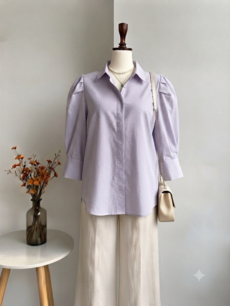 Lavender Seersucker Pinstripe Top with Gathered Shoulders
