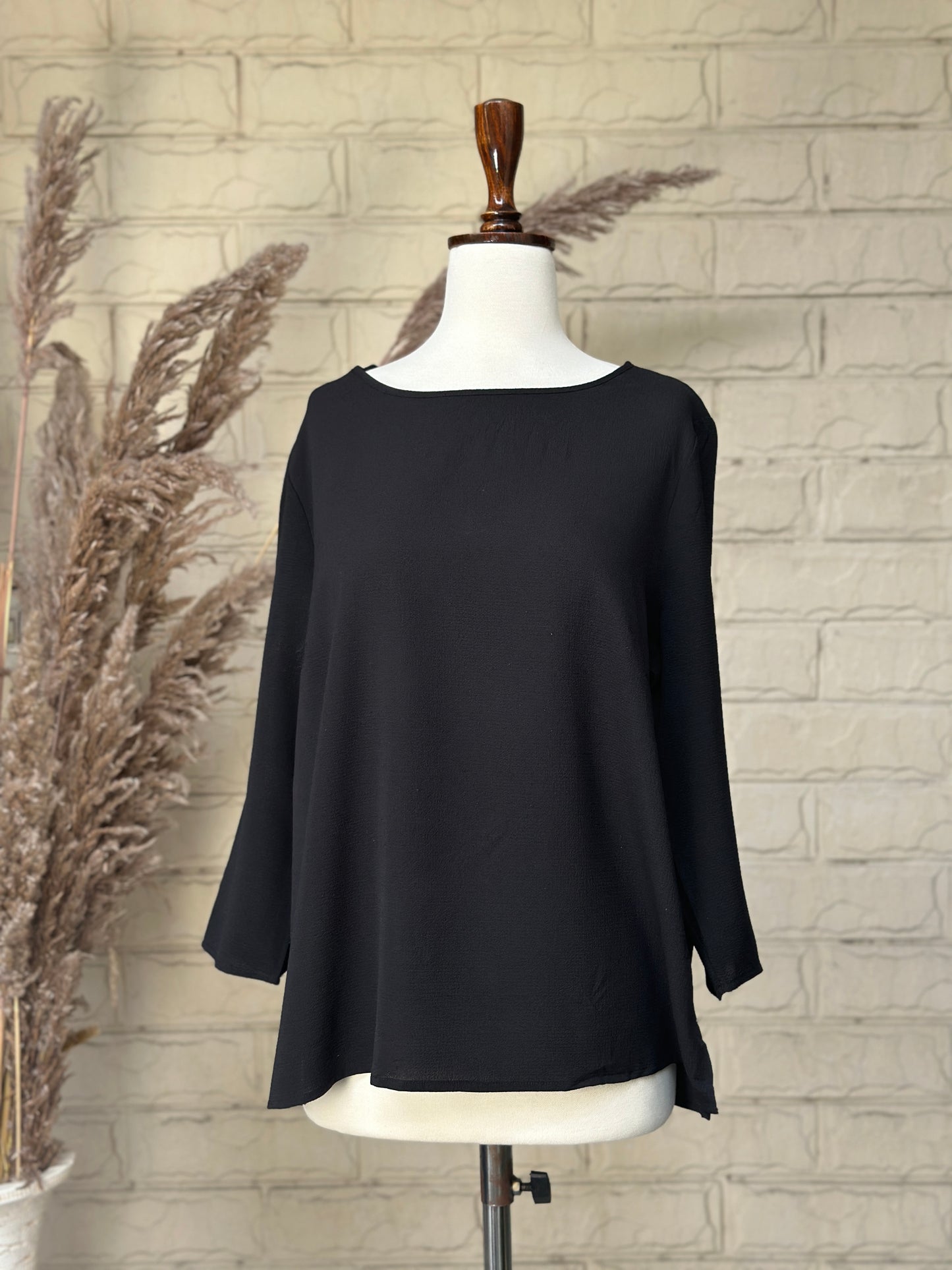 Black Textured Boatneck Long-Sleeve Blouse