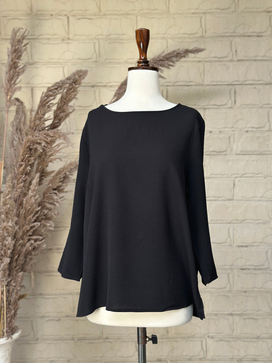 Black Textured Boatneck Long-Sleeve Blouse