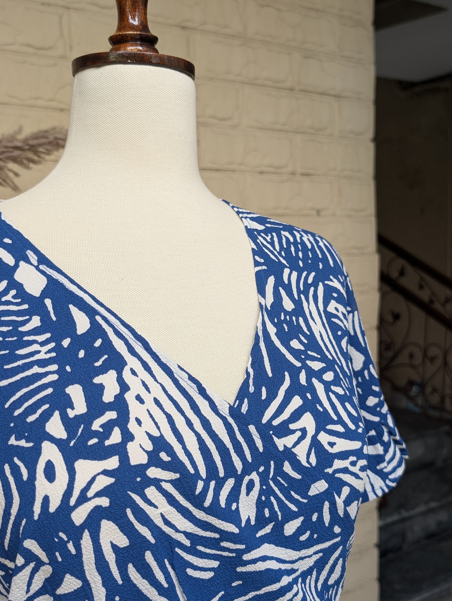 Cobalt Blue Abstract Botanical Wrap Dress