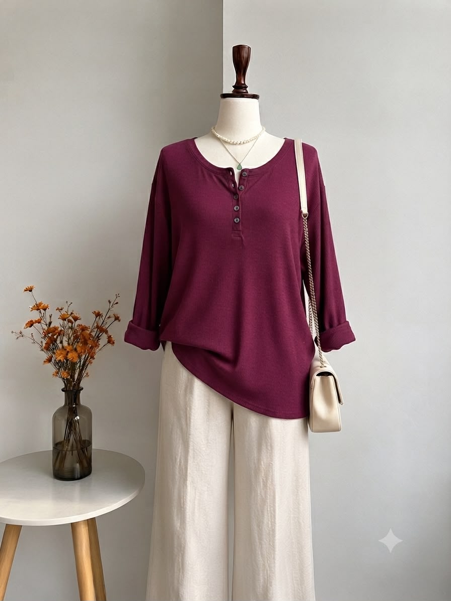 Plum Henley Neck Long-Sleeve Ribbed Top