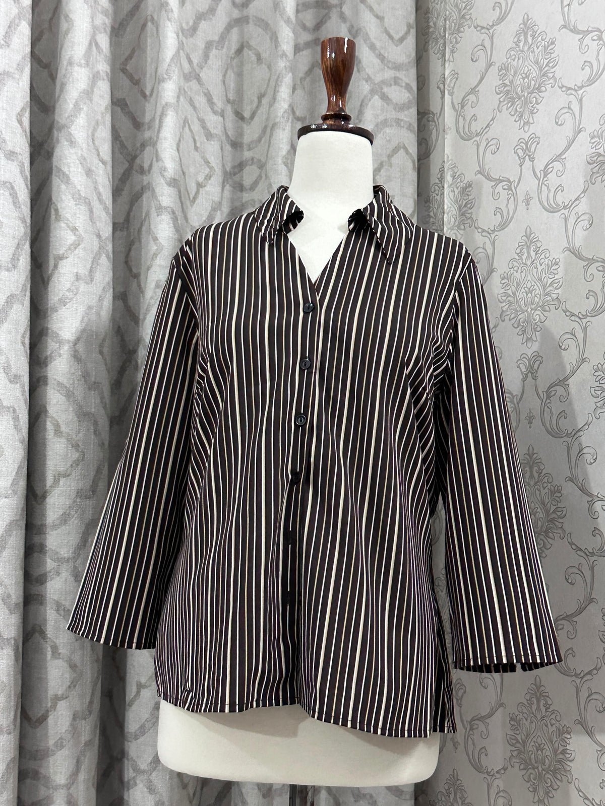 Chic Vertical Pinstripe V-Neck Shirt with 3/4 Bell Sleeves