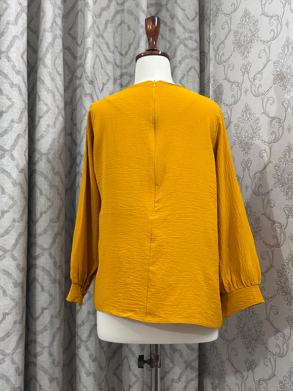 Mustard Yellow Crinkle Textured Long Sleeve Top, Relaxed Fit Round Neck Top