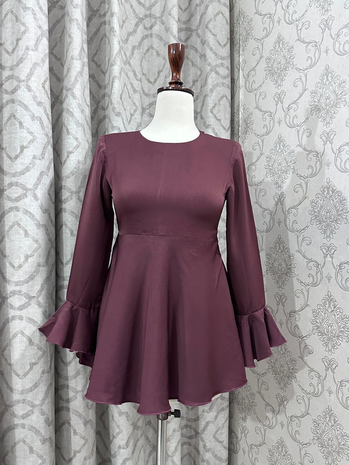 Brown Satin Peplum Top – Elegant Flared Hem Blouse with Bell Cuffs