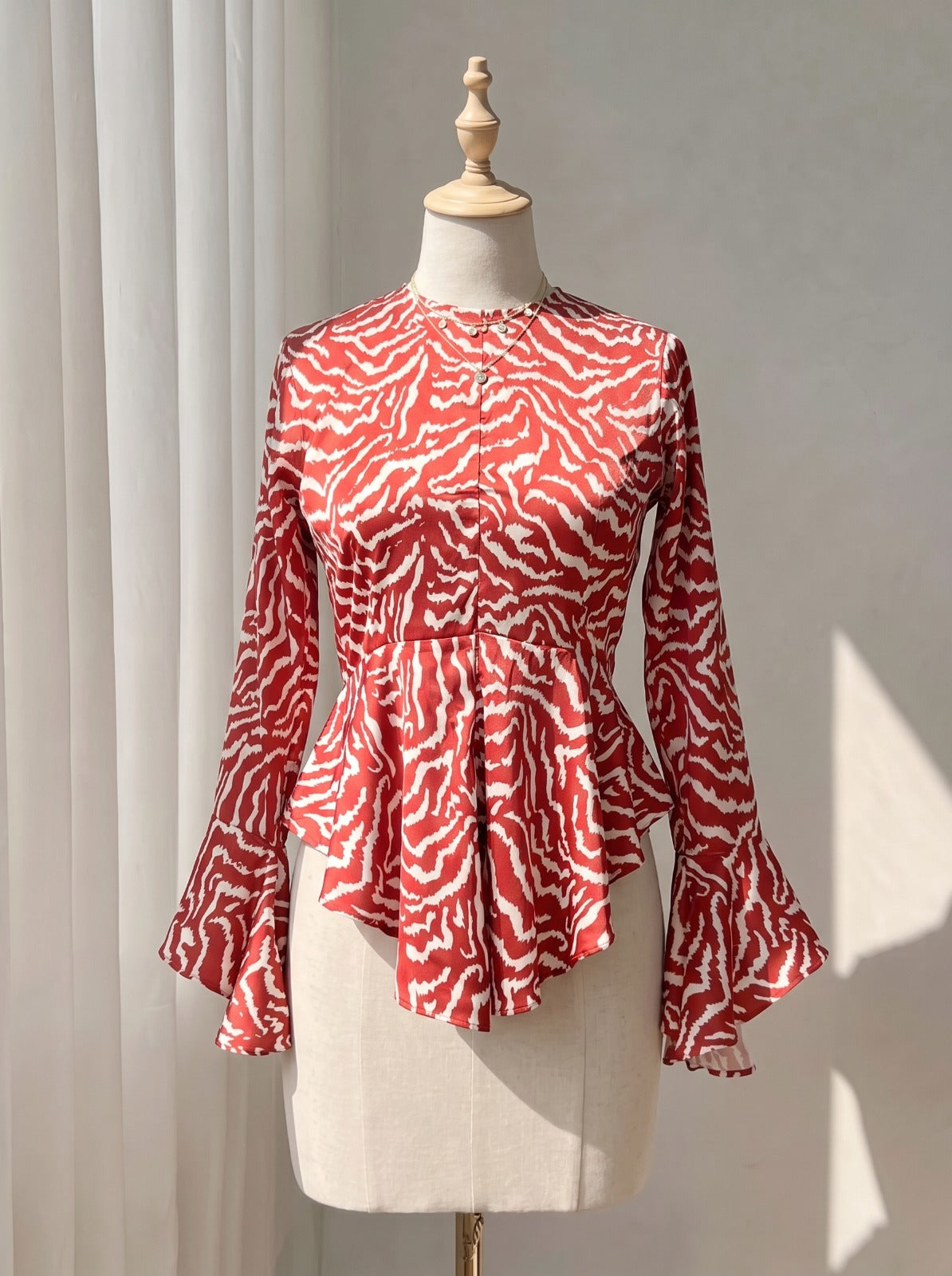 Fiery Wave Print Asymmetric Peplum Top