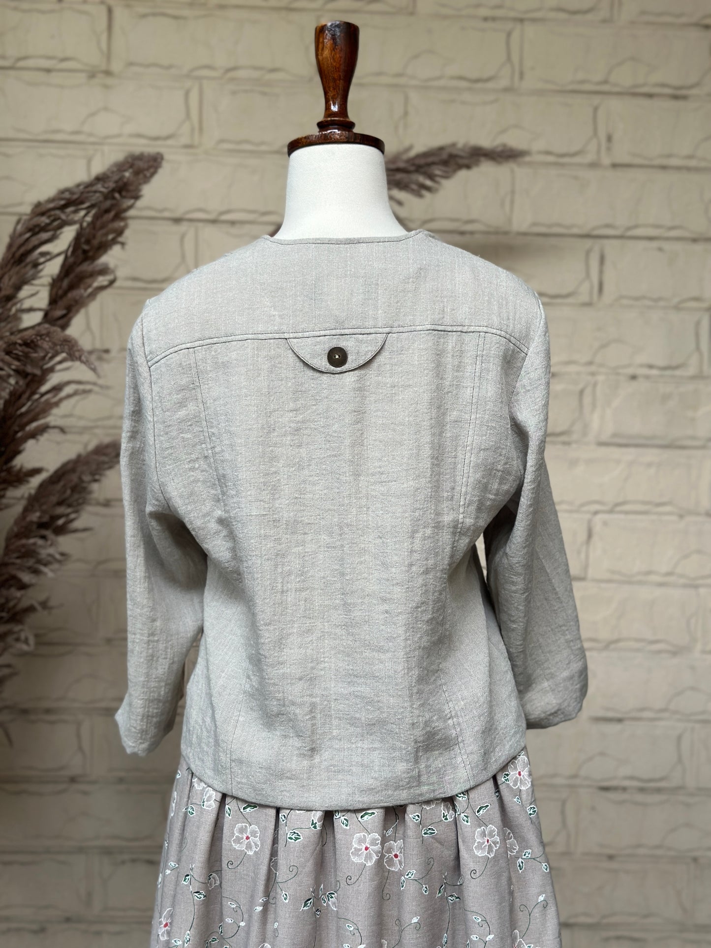 Oatmeal Linen-Blend Round-Neck Button-Front Jacket Top