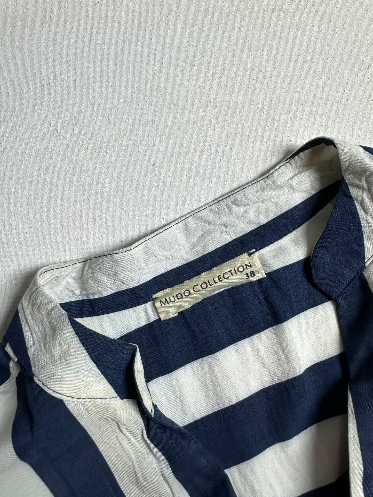 Navy & Cream Wide-Stripe Split-Neck Top