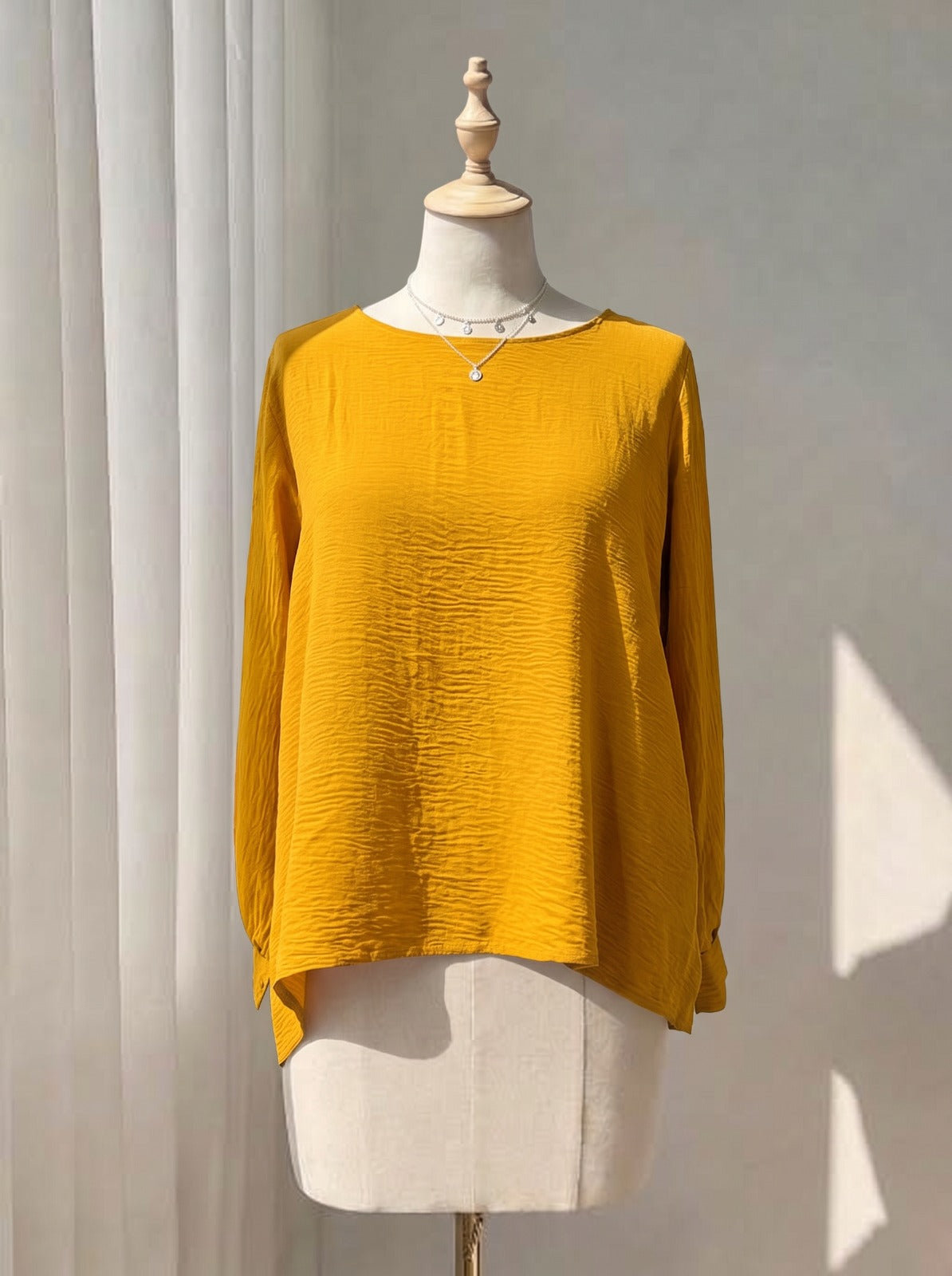 Mustard Yellow Crinkle Textured Long Sleeve Top, Relaxed Fit Round Neck Top