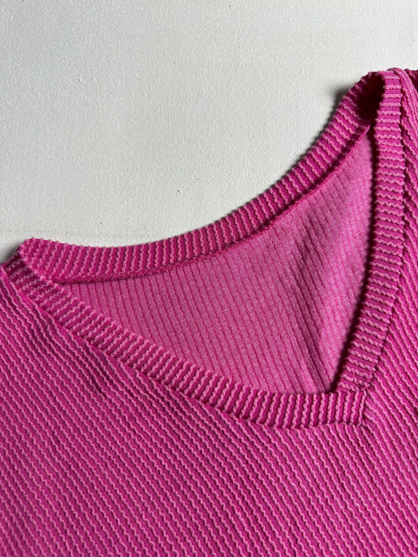 Oversized Pink Ribbed V-Neck Tee with Pocket