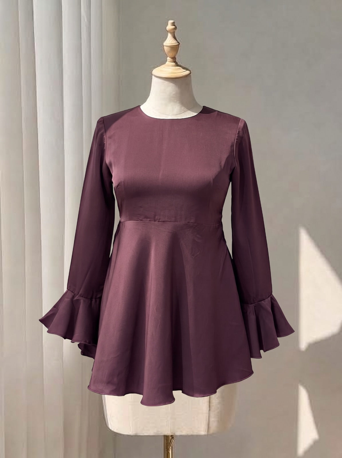 Brown Satin Peplum Top – Elegant Flared Hem Blouse with Bell Cuffs