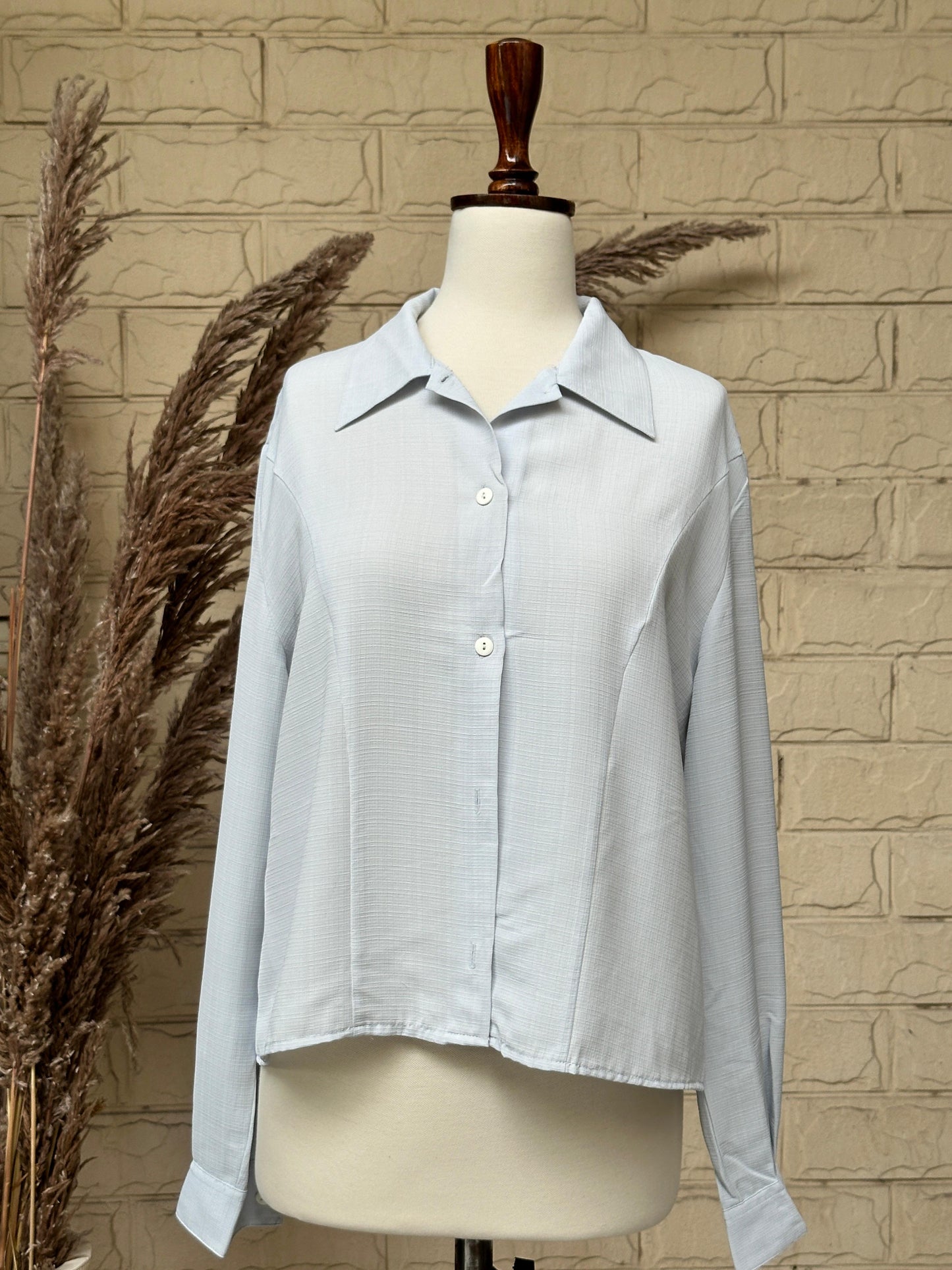 Ice Blue Textured Cotton Long-Sleeve Button-Down Shirt