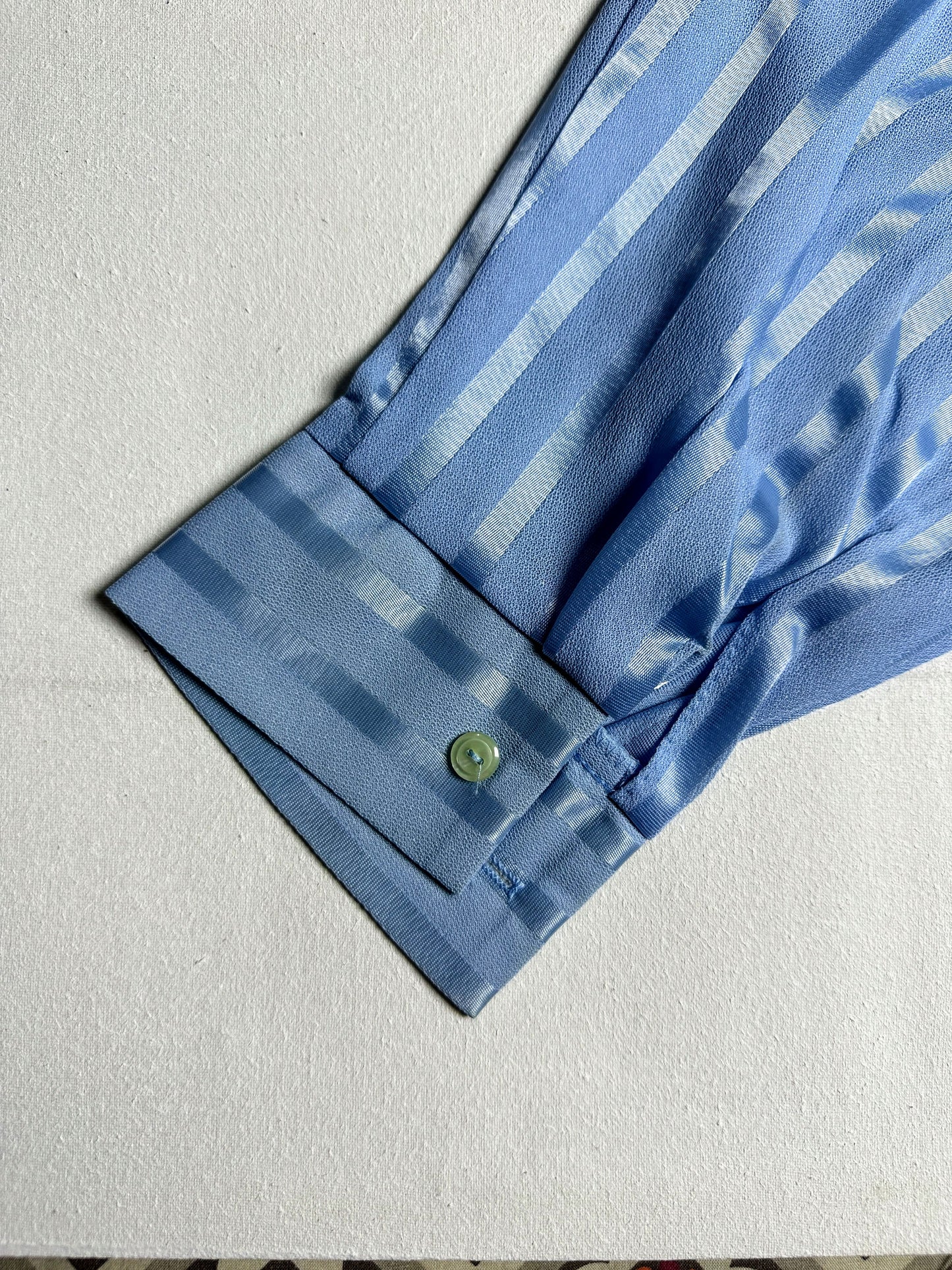 Sky Blue Satin Striped Ruffle-Front Button-Down Shirt
