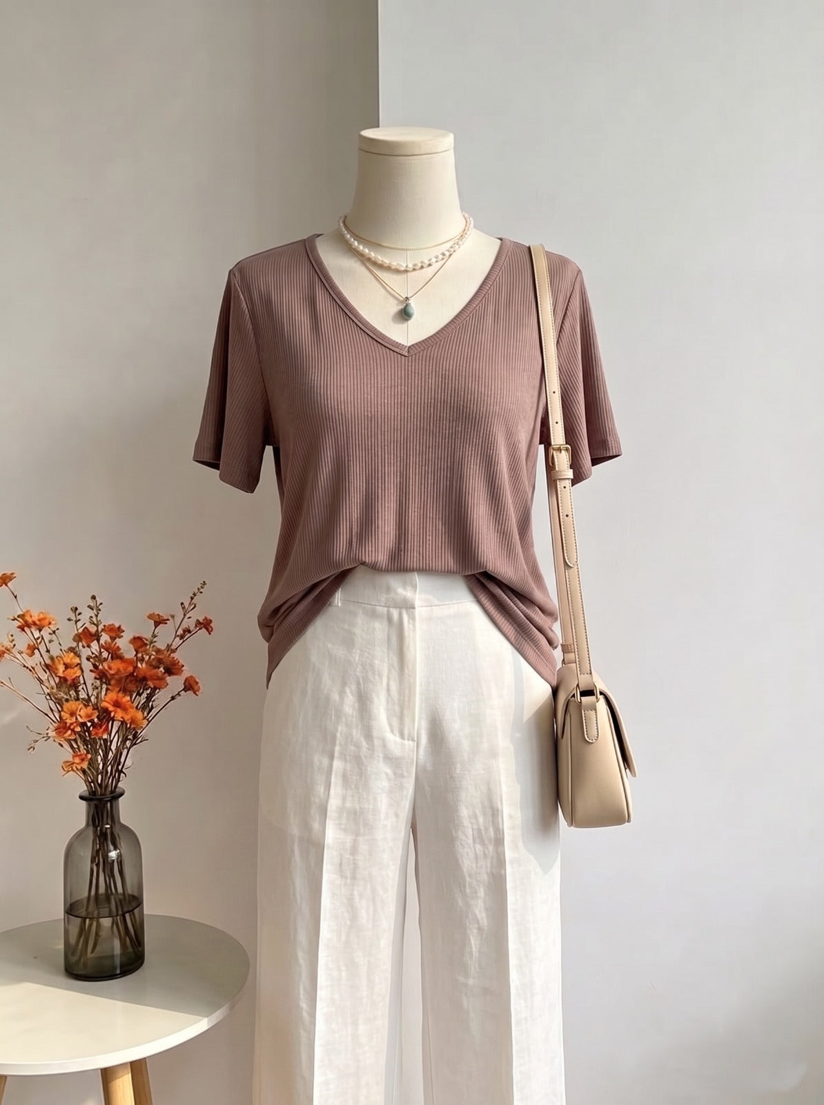 Dusty Mauve Ribbed Short-Sleeve V-Neck Top