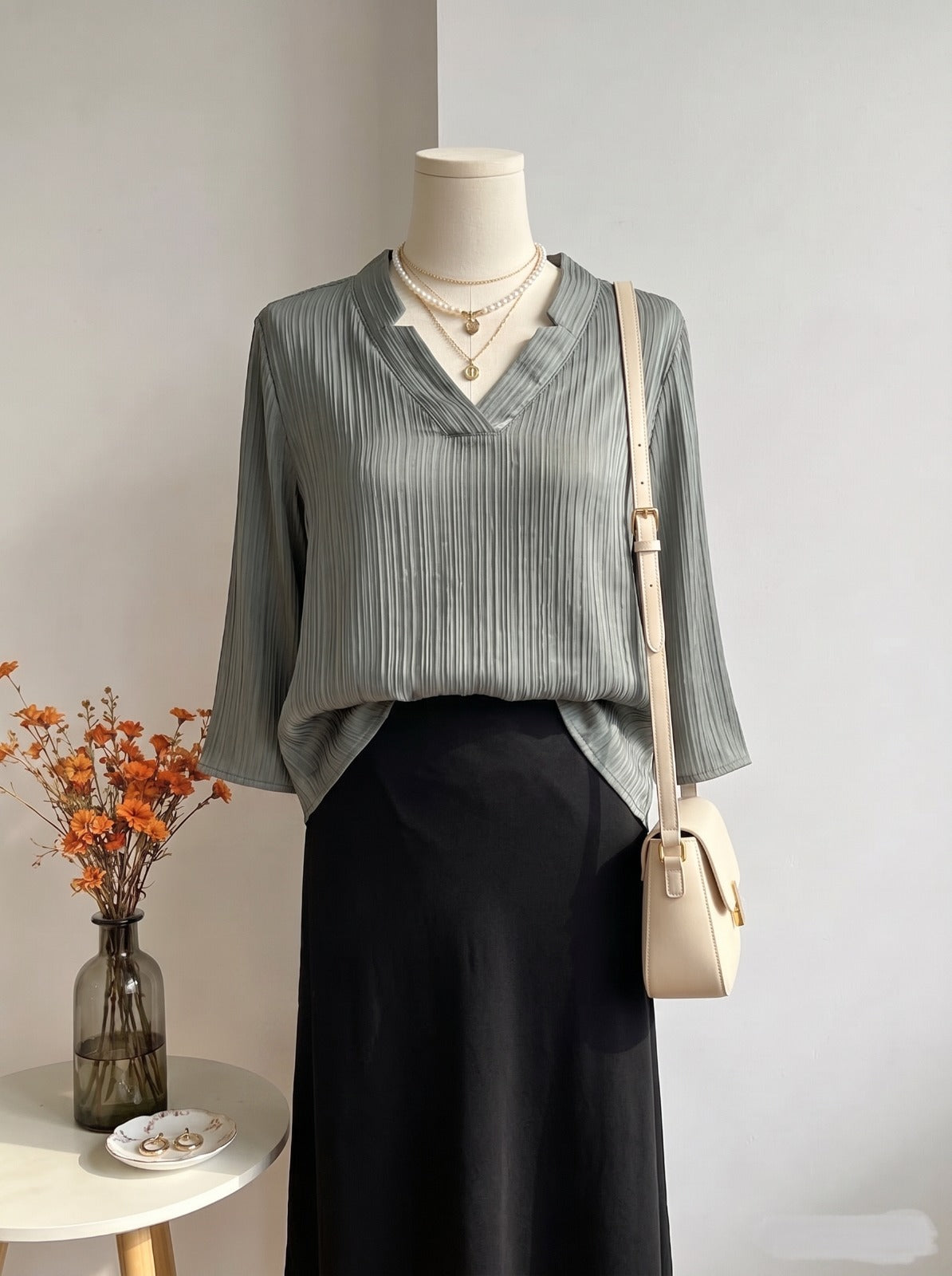 Crinkled V-Neck Tunic Blouse in Sage