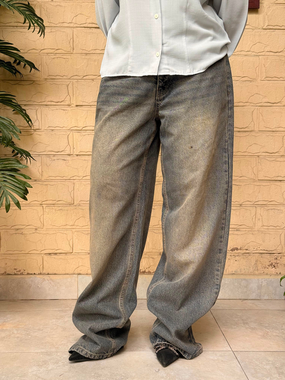 High-Waist Acid Wash Wide-Leg Denim pants