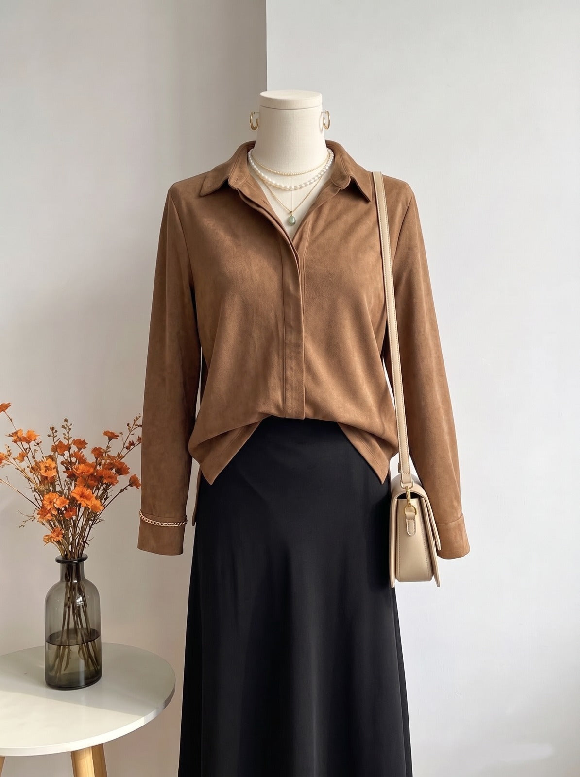 Camel Faux Suede Button-Down Shirt
