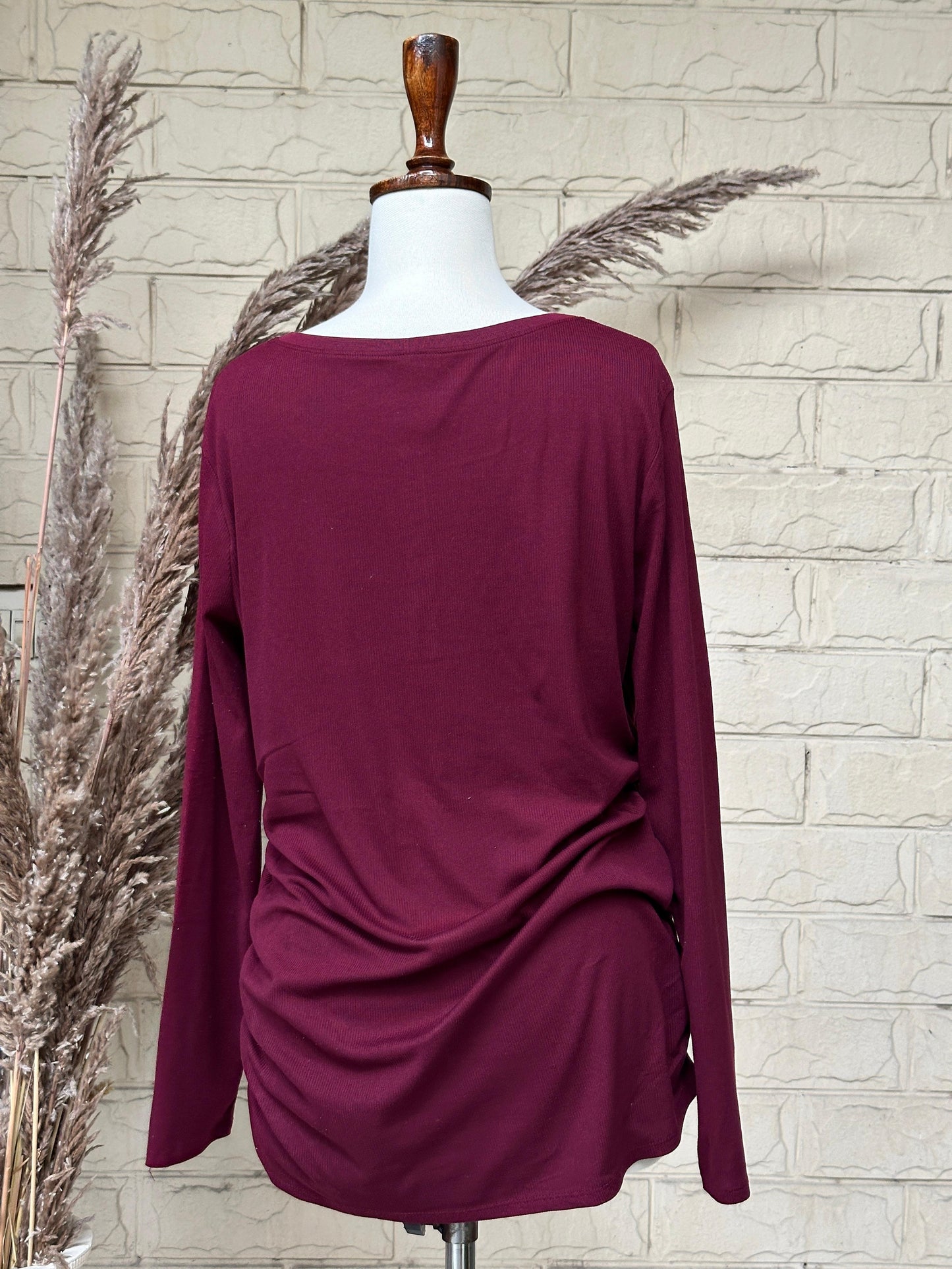 Plum Henley Neck Long-Sleeve Ribbed Top