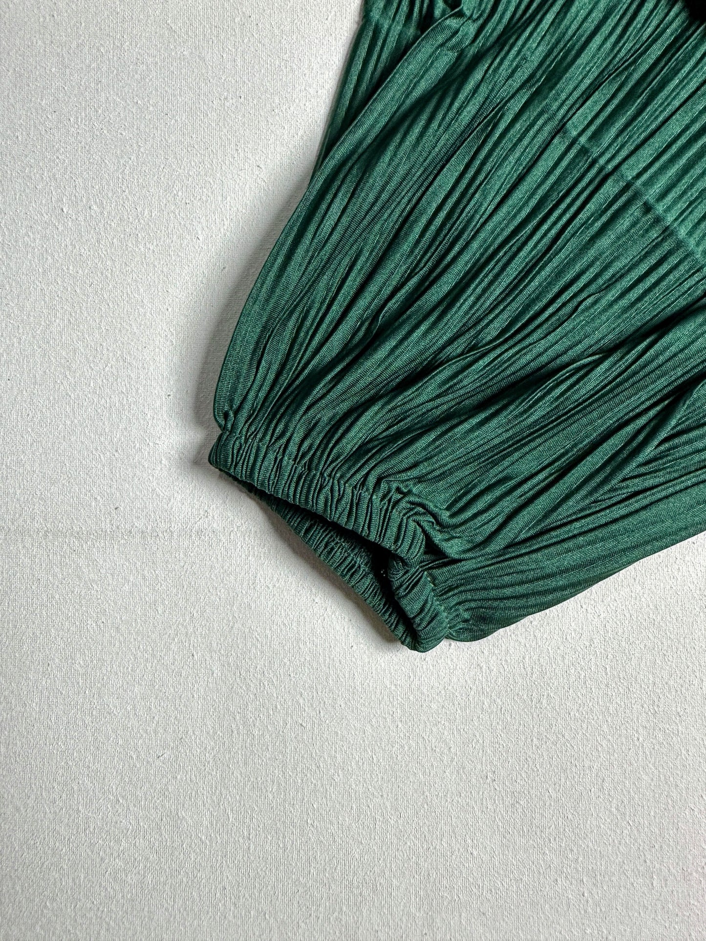 Emerald Green Lace Trim Micro-Pleated Long-Sleeve Blouse