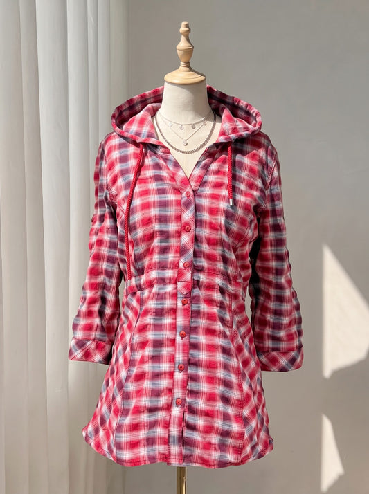 Red Plaid Hooded Shirt – Drawstring V-Neck Button-Down Longline