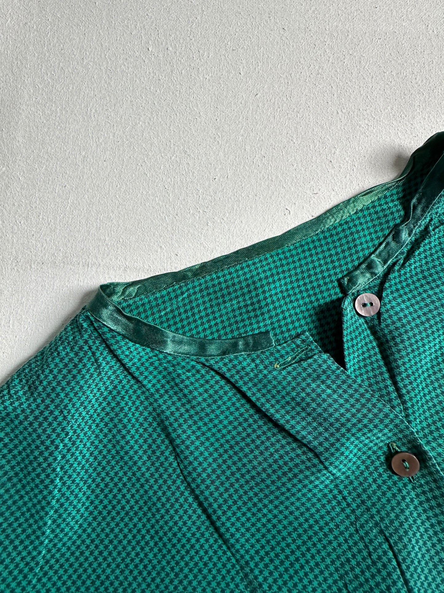 Forest Green Micro-Check Collarless Button-Down Top