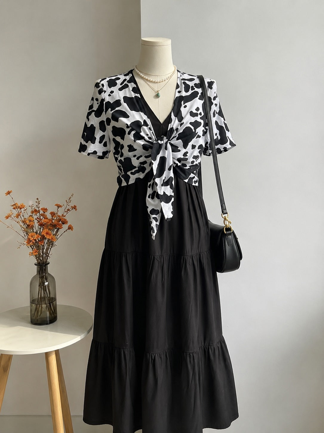 Monochrome Cow Print Front-Knot Top & Black Layered Dress Combo