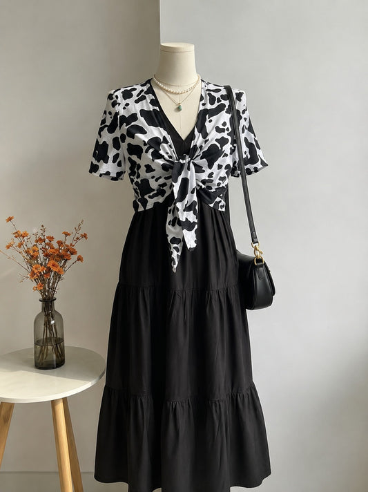 Monochrome Cow Print Front-Knot Top & Black Layered Dress Combo