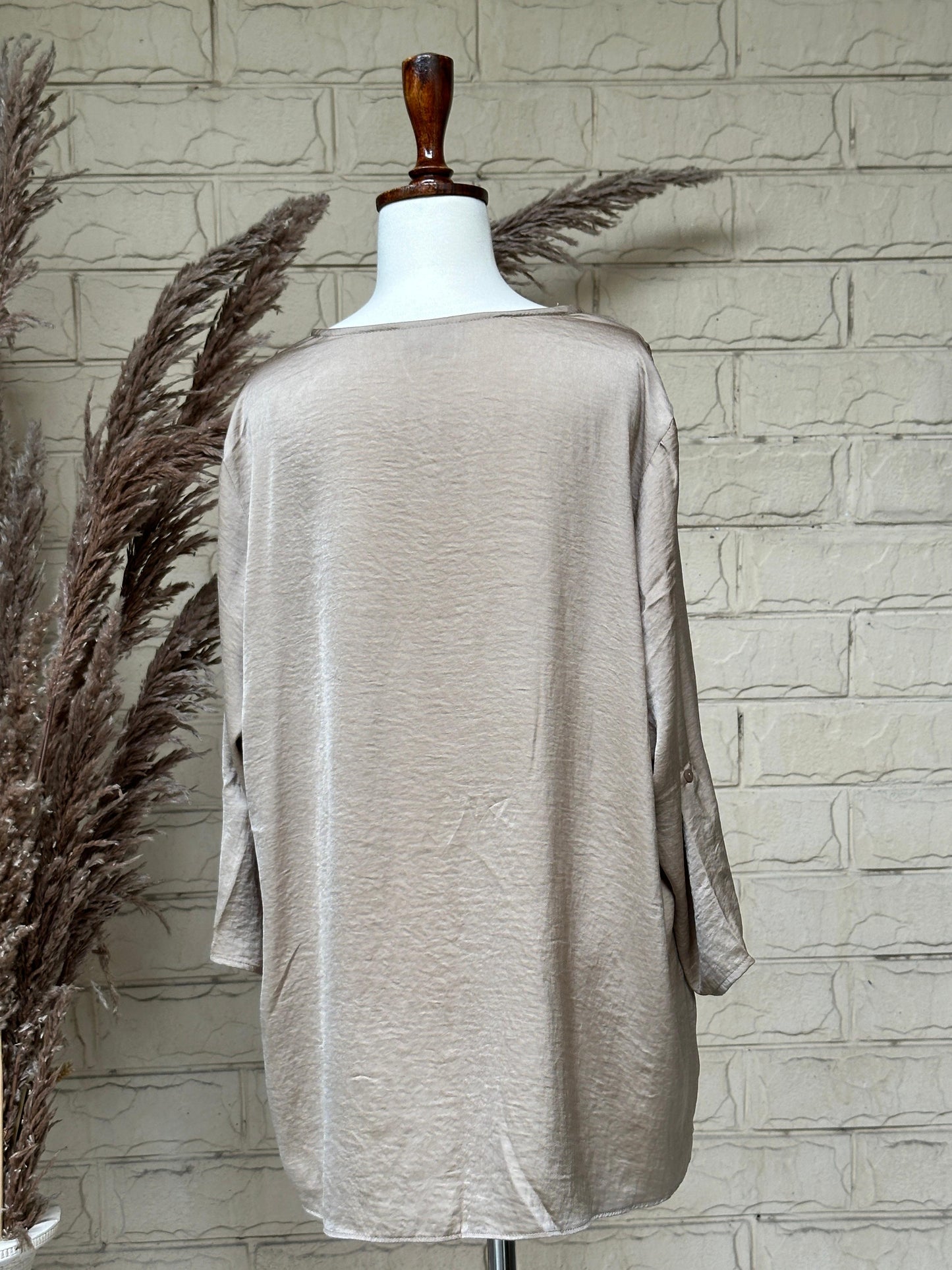 Champagne Beige Satin Open-Collar Long-Sleeve Blouse