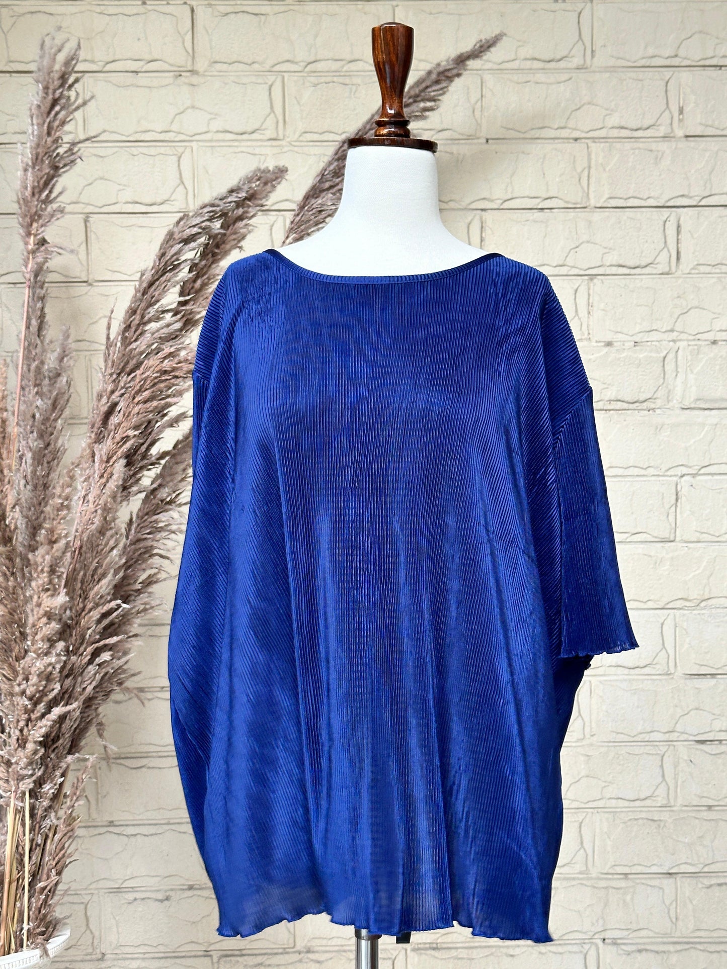 Electric Blue Fine-Pleated Boatneck Blouse