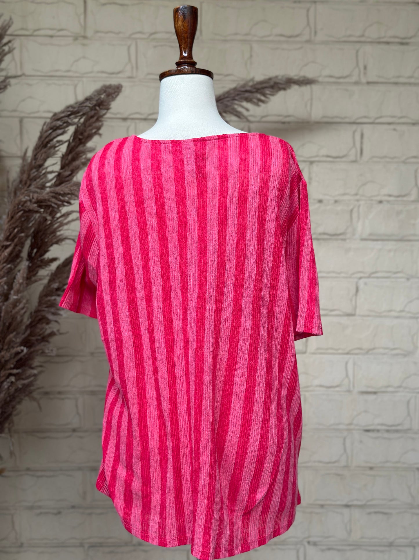 Pink Textured Crinkle Stripe Short-Sleeve Top