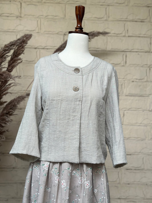 Oatmeal Linen-Blend Round-Neck Button-Front Jacket Top