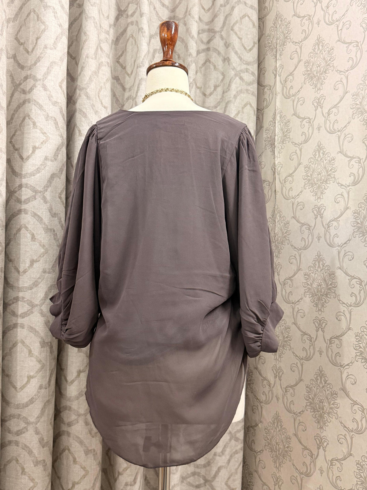 Dusty Grey Pleated Front Blouse – 3/4 Length Balloon Sleeve Chiffon Top