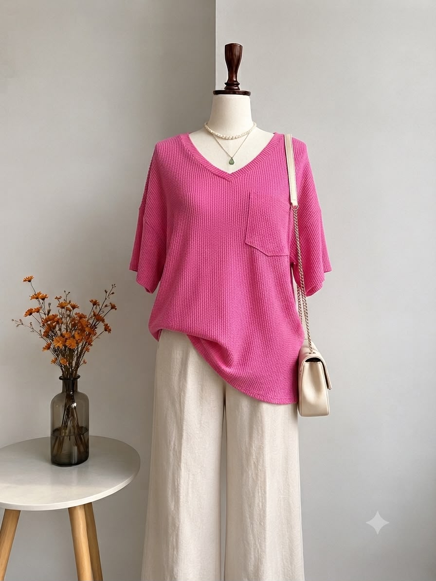 Oversized Pink Ribbed V-Neck Tee with Pocket