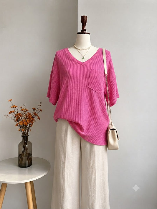 Oversized Pink Ribbed V-Neck Tee with Pocket