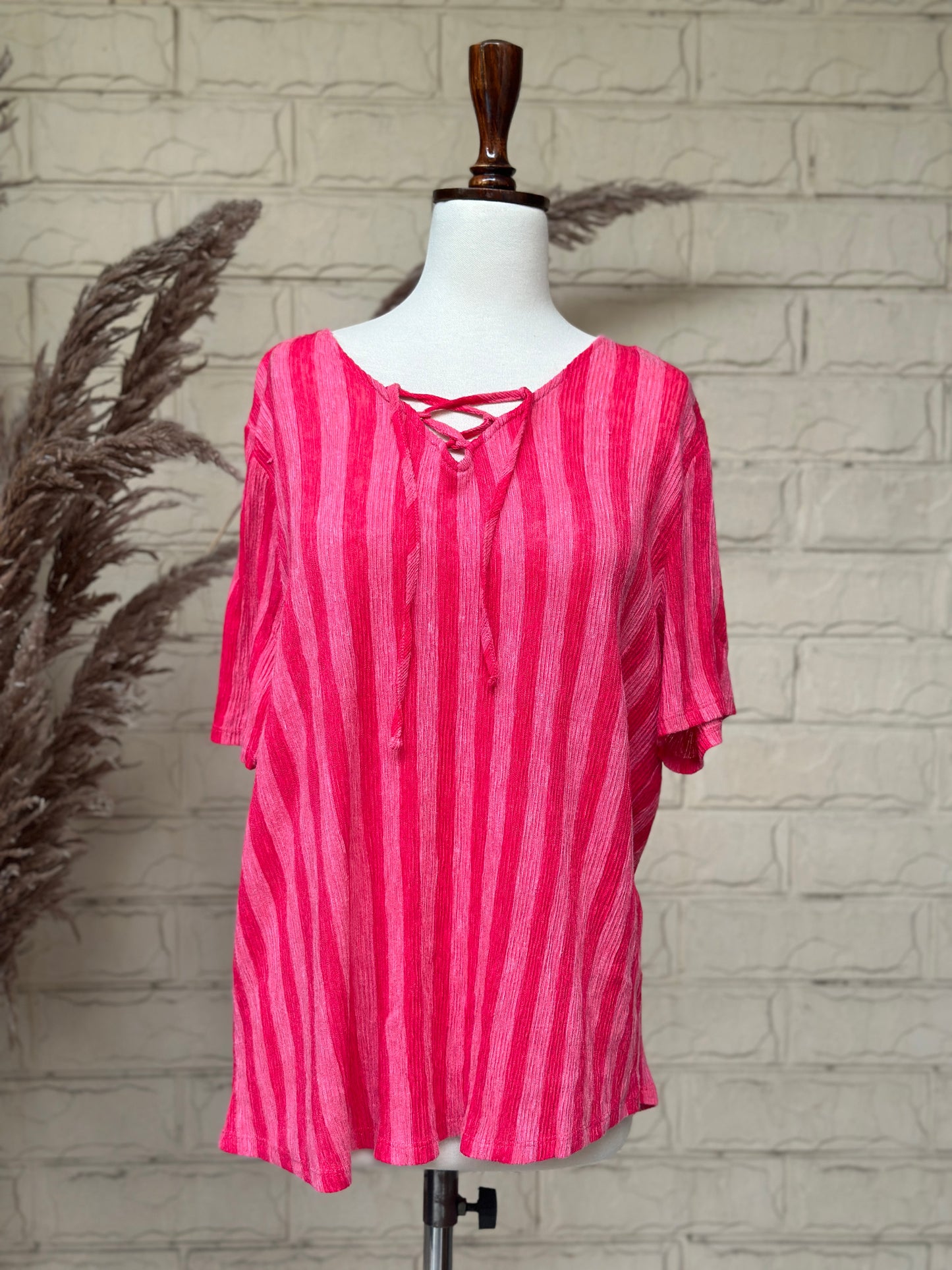 Pink Textured Crinkle Stripe Short-Sleeve Top